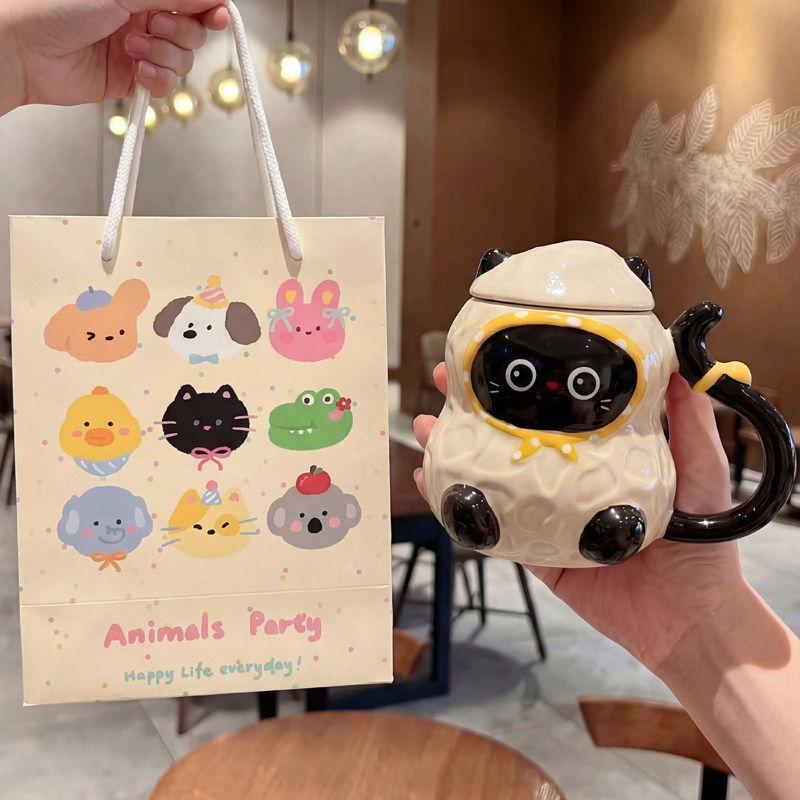 Adorable Peanut Cat Ceramic Mug with Lid - Gift for Girls & Kids' Birthdays