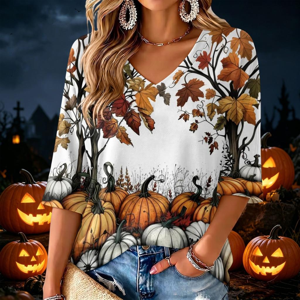 Women's V-Neck Halloween Print Lightweight Blouse for Spring and Summer