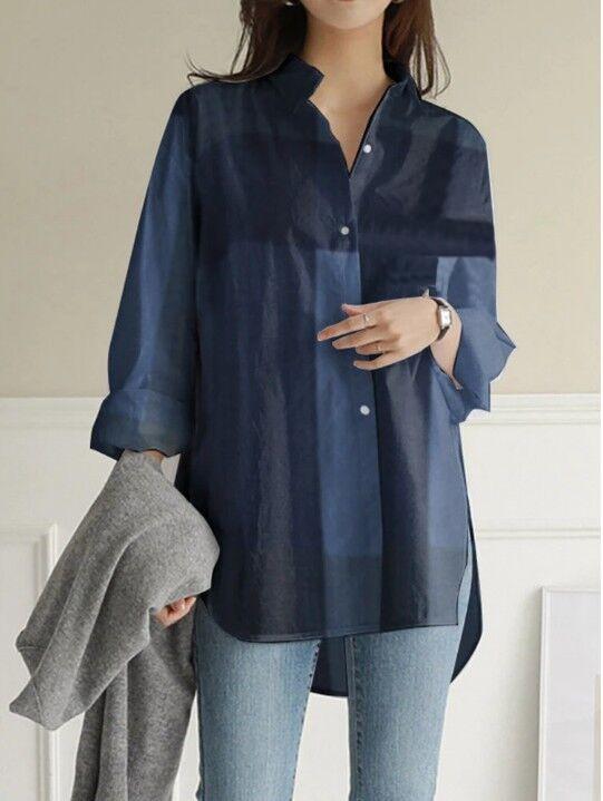 Shirt Women's Solid Color Autumn New Fresh Long-sleeved Top Design Sense Split Fork Fat MM Loose Shirt