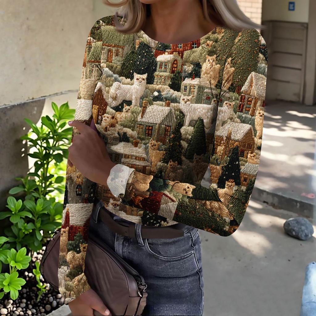 Camiseta de Fondo Delgado para Mujer Moda Casual Estampado Degradado Cuello Redondo Jersey Manga Larga Top