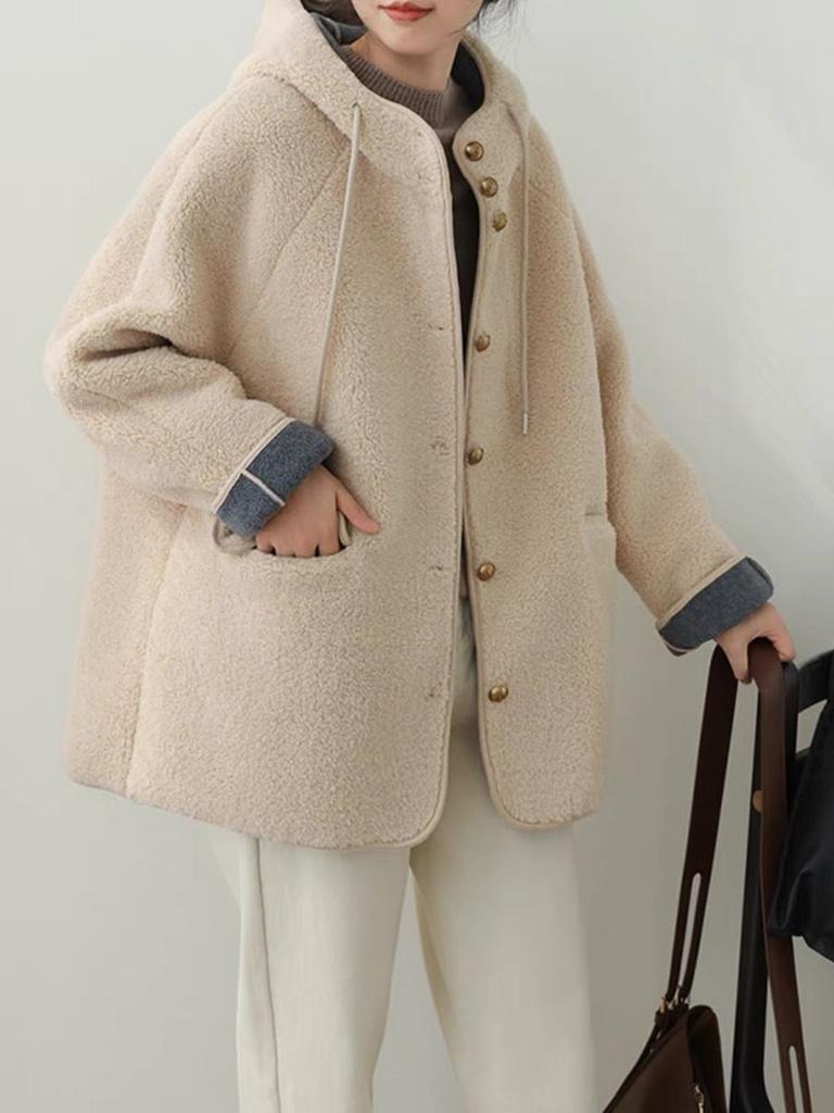 Jehněčí plyšový kabát dámský zimní s kapucí, volný a plyšový tlustý teplý granulovaný top