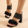 Fashion Women's Fashion Flower Decor High Heel Sandals Black Square Toe Elastic Strap Dress Party Shoes Woman Chunky Heel Summer Sandals