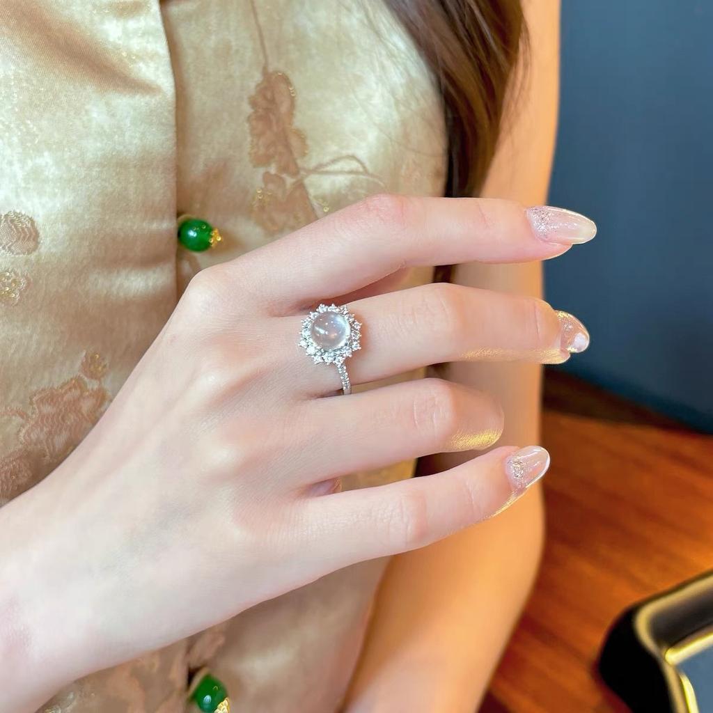 Natural High-ice White Chalcedony Ring Retro Imitation Jade Ring Fashion Delicate Stone Jewellery Hanfu Matching Hand Ornaments