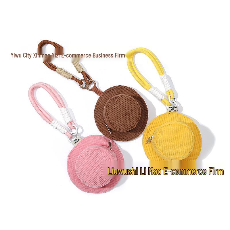Corduroy Mini Bucket Hat Keychain: Cute Earphone Bag & Coin Purse