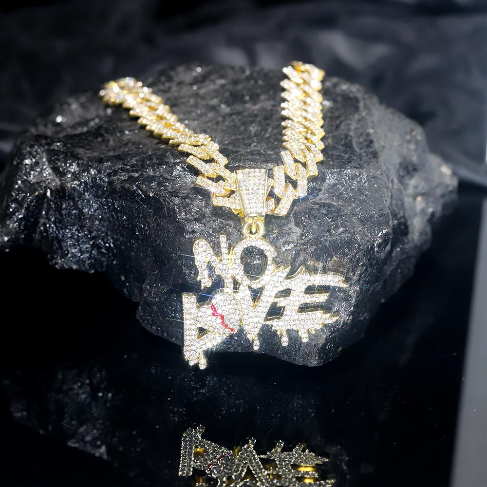 Hip-hop Punk "NO LOVE" Letter Pendant Cuban Necklace Stylish Iced Out Men's Women's Street Style Cuban Chain Trend Jewelry Gift