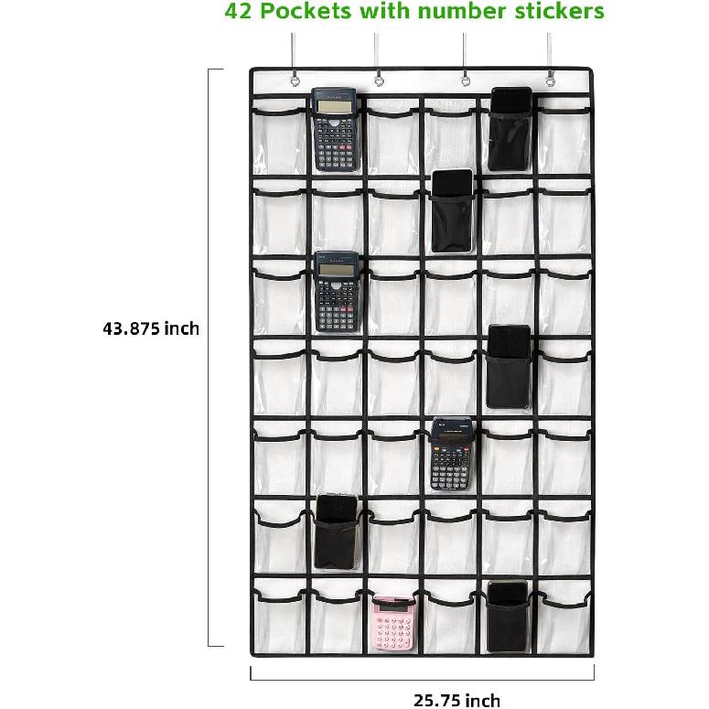 42 Clear Pockets Classroom Pocket Chart for Cell Phones and Calculator, Pocket Chart Organizer for Classroom Phone Storage Holder with 42 Number