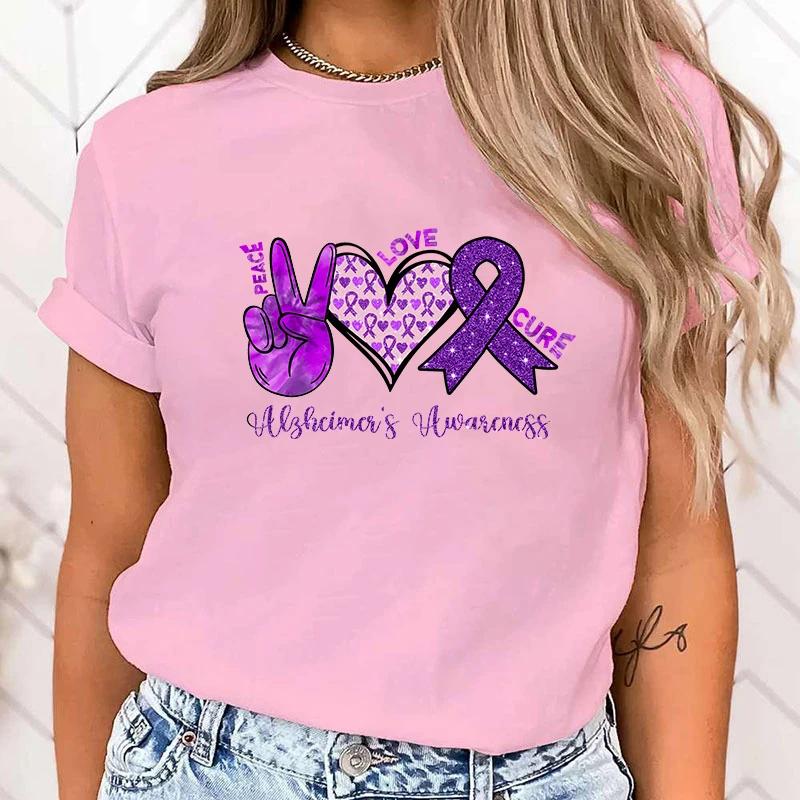 (High Quality T Shirt)New Hot Peace Love Cure Alzheimer'S Awareness T-Shirts Fashion Women Girls Summer Tee Shirt Casual T Shirt