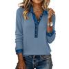 Women’s Long Sleeve Ribbed Knit Top with Denim Collar Button Placket and Cuff Casual Pullover Shirt