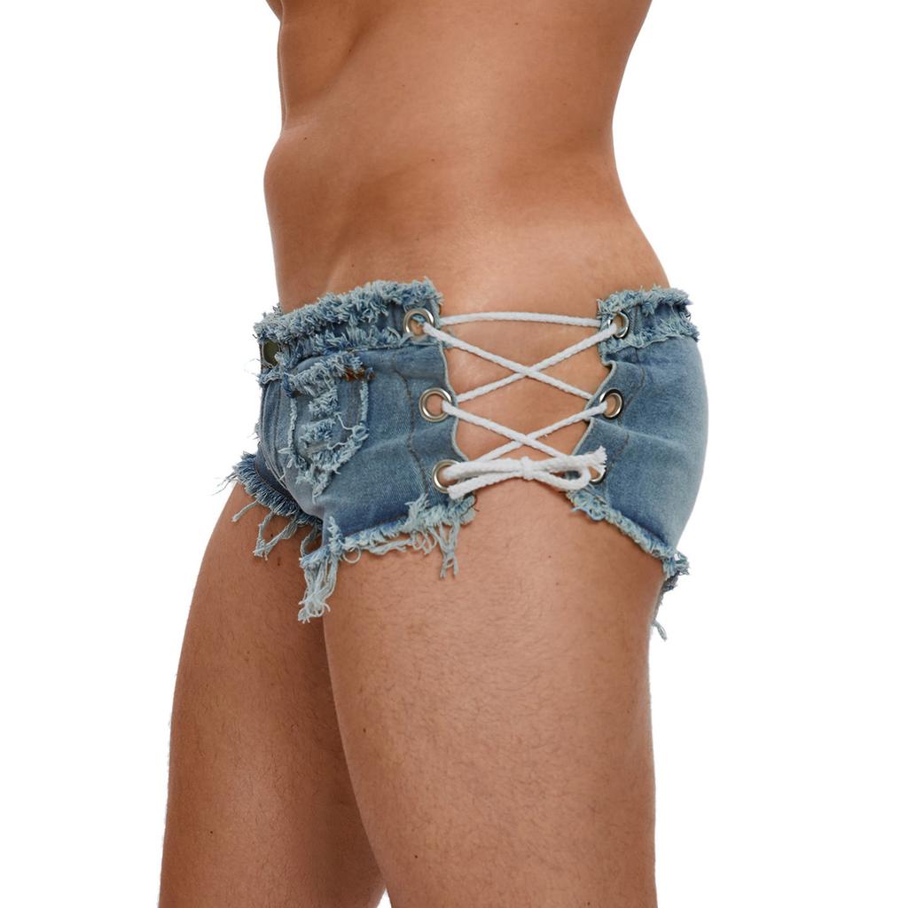 Men’s Low Rise Extra Short Denim Shorts Raw Edge Ripped Side Lace Up Hot Pants for Rave Clubbing