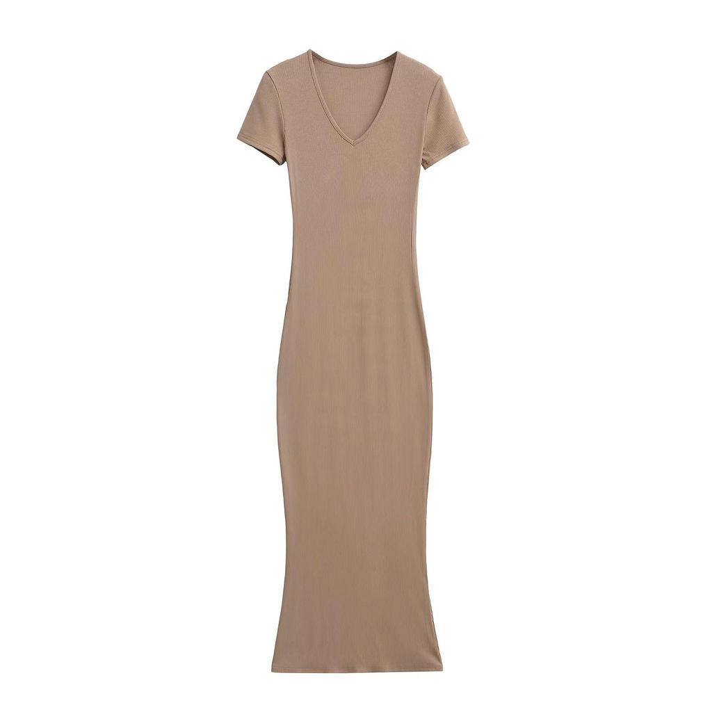 Chic V-neck Slim Fit Short-Sleeve Dress: European & American Style Summer Midi