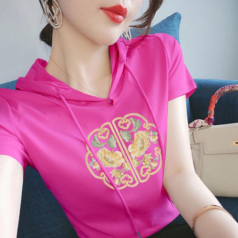 

100% Cotton Ethnic Style Hooded Sweatshirt: Women s Short Sleeve Casual Loose Fit T-shirt L [Recommended 100-110 jin]