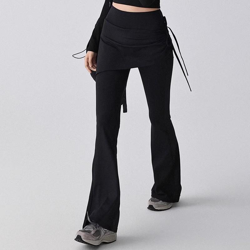 Women's High Waist Slim Fit Flared Yoga Pants - Faux Two-Piece Style with Side Drawstring for Hip Coverage