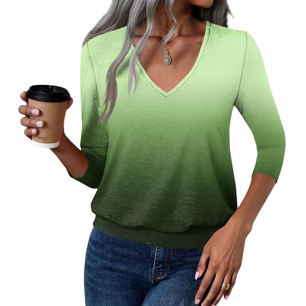 Women's Fashion Casual V-Neck Three-Quarter Sleeve Print Top