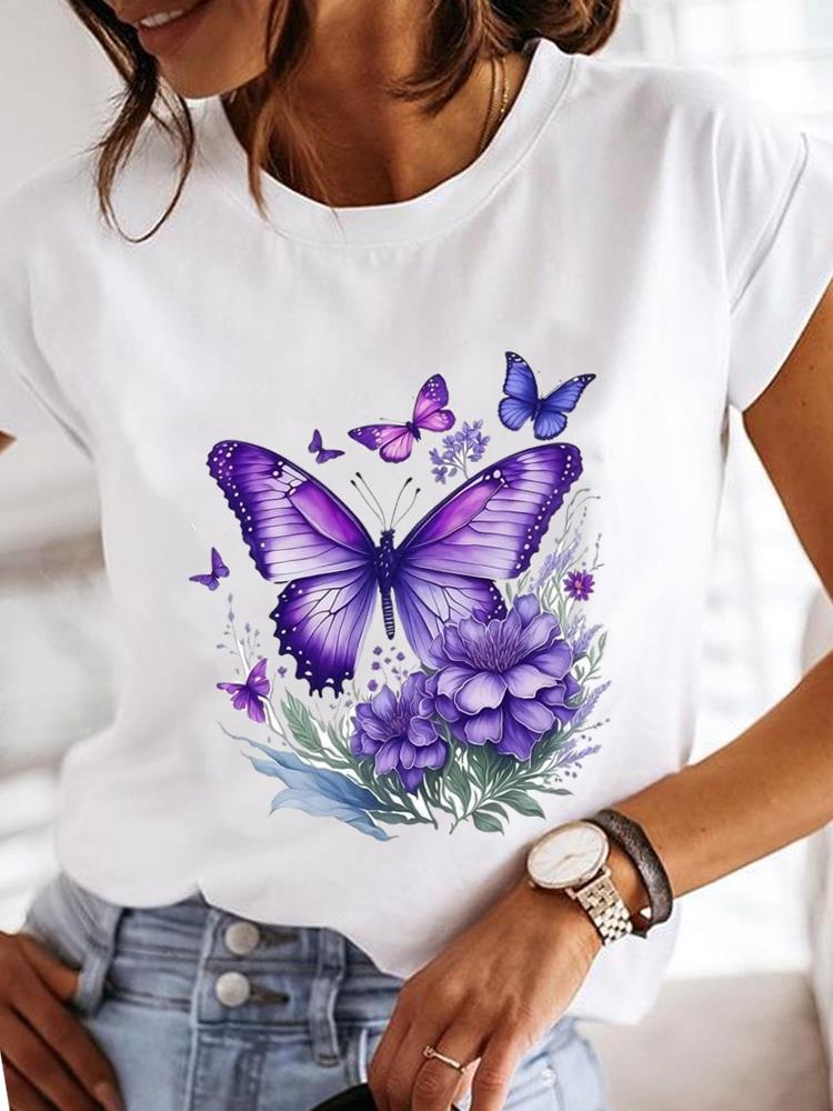 (Asian Size)  Clothing T Shirt Fashion feather trend sweet Tee Print Lady Women Casual Top Short Sleeve Female Graphic T-shirts