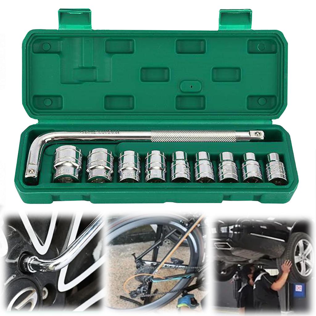 10Pcs 6-Point Car Wheel Lug Nut Removal Sockets Tool 1/2 Inch Drive with 8-24mm Sizes & L-Type Handle for Most Cars Repair