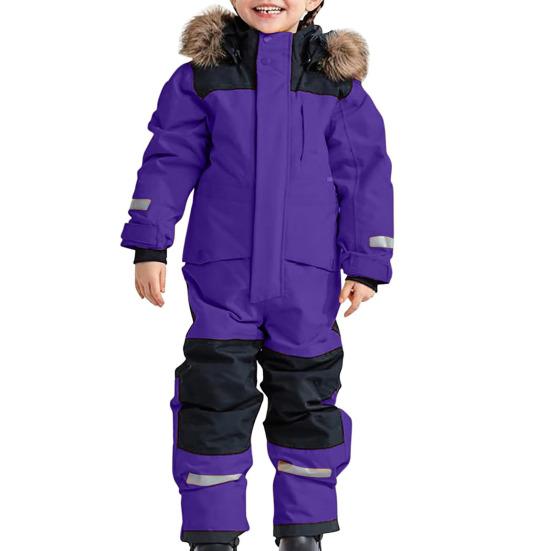 Kids One Piece Ski Suit Waterproof Windproof Snowsuit Tear-Resistant Warm Coral Fleece Lining Winter Outdoor Overalls for Boys Girls Snowboarding