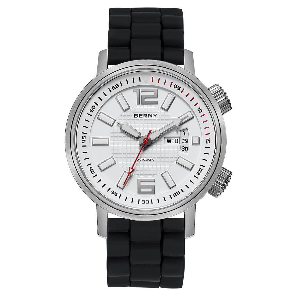 BERNY Men's Automatic Mechanical Dive Watch, Self-Winding, Sport Silicone Strap, 20ATM Waterproof, Sapphire Glass, Super Luminous