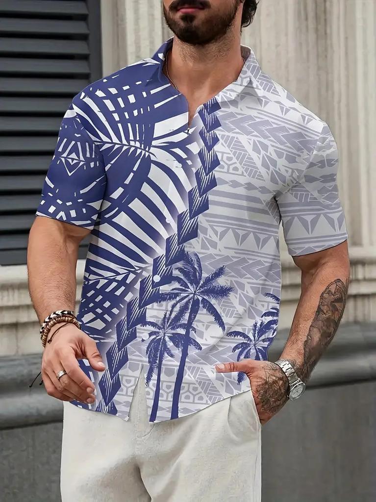 Europäischer und amerikanischer Stil Hawaiianisches Hemd Herren Freizeit Vielseitig Mode 1D bedrucktes Kokospalmenmuster Kurzarm