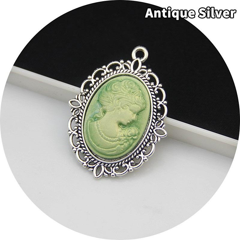Antique Silver Oval Zinc Alloy Pendant With An Inlaid 18*25Mm Beauty Head Design, Hair Accessory Necklace, Diy Jewelry Accessory