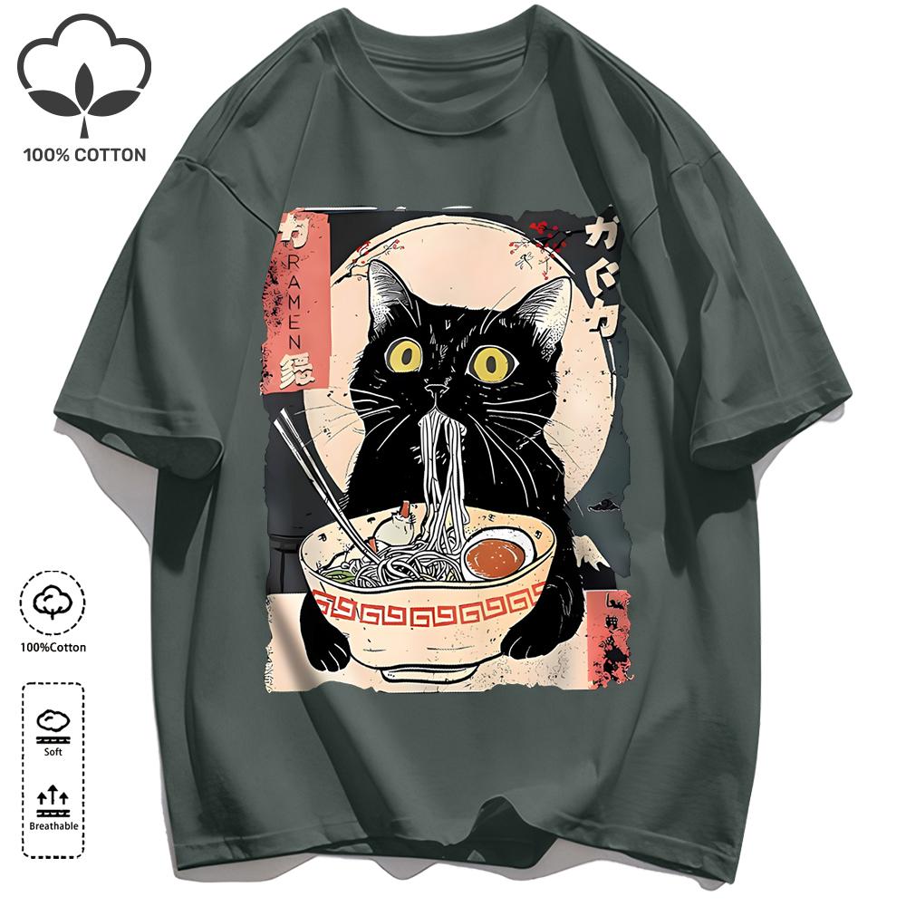Cat Likes To Eat Noodles And Daydream Design Unisex Retro T-Shirt Casual Cotton Sportwear Loose Hip Hop Clothing Unisex O-Neck Tee