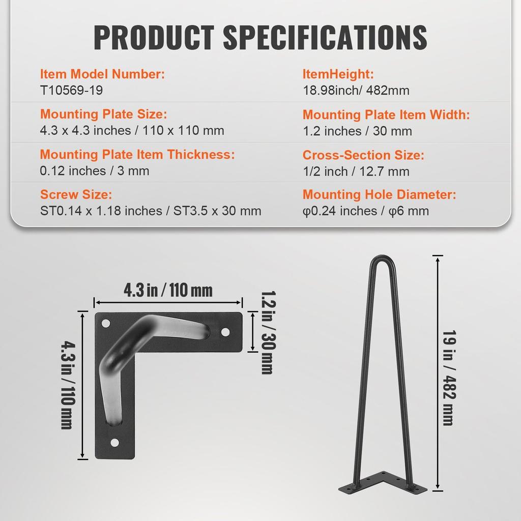 482.6MM Hairpin Furniture Legs, Metal Home DIY Projects for Nightstand, Coffee Table, Desk, 226.8KG Load Capacity with Rubber Floor Protectors, Metal