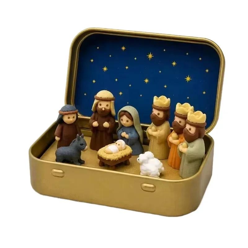 Small Xmas Nativity Manger Set Iron Box Pocket Holy Family Mary Jesus Shepherd Animal Figurines Christmas Easter Desk Decor Gift