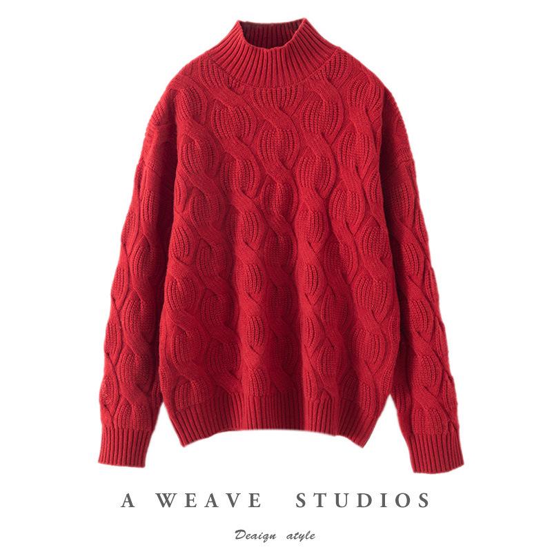 Women's Red 100% Pure Wool Lantern Sleeve Sweater with Half-High Collar and Twist Pattern - Loose Knit Pullover