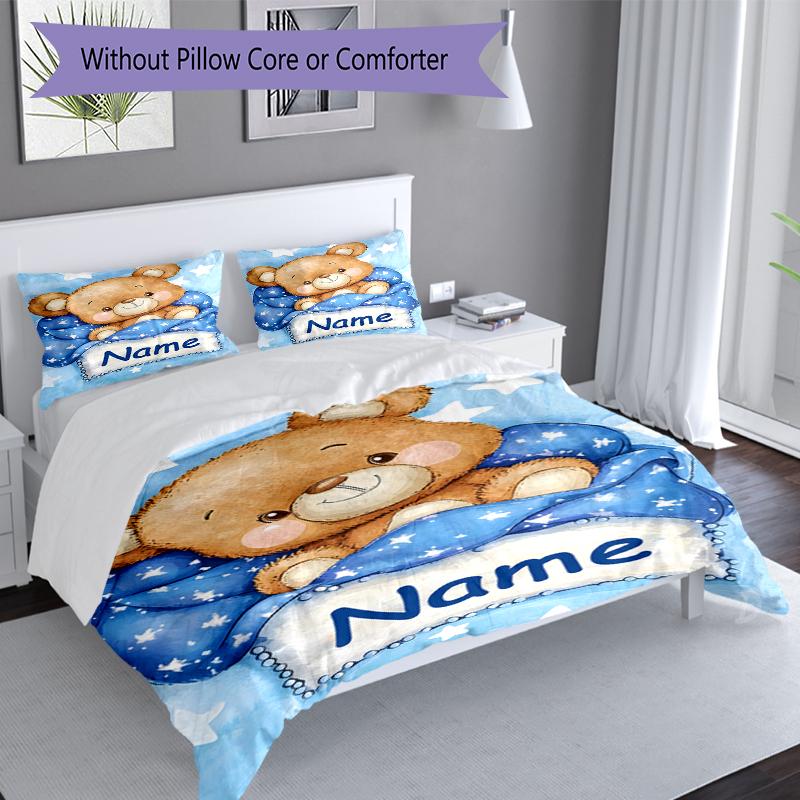 3PC Custom Name Teddy Bear Dreams Bedding Set Duvet Cover Closure Includes 1 Duvet Cover & 2 Pillowcases for Bedroom