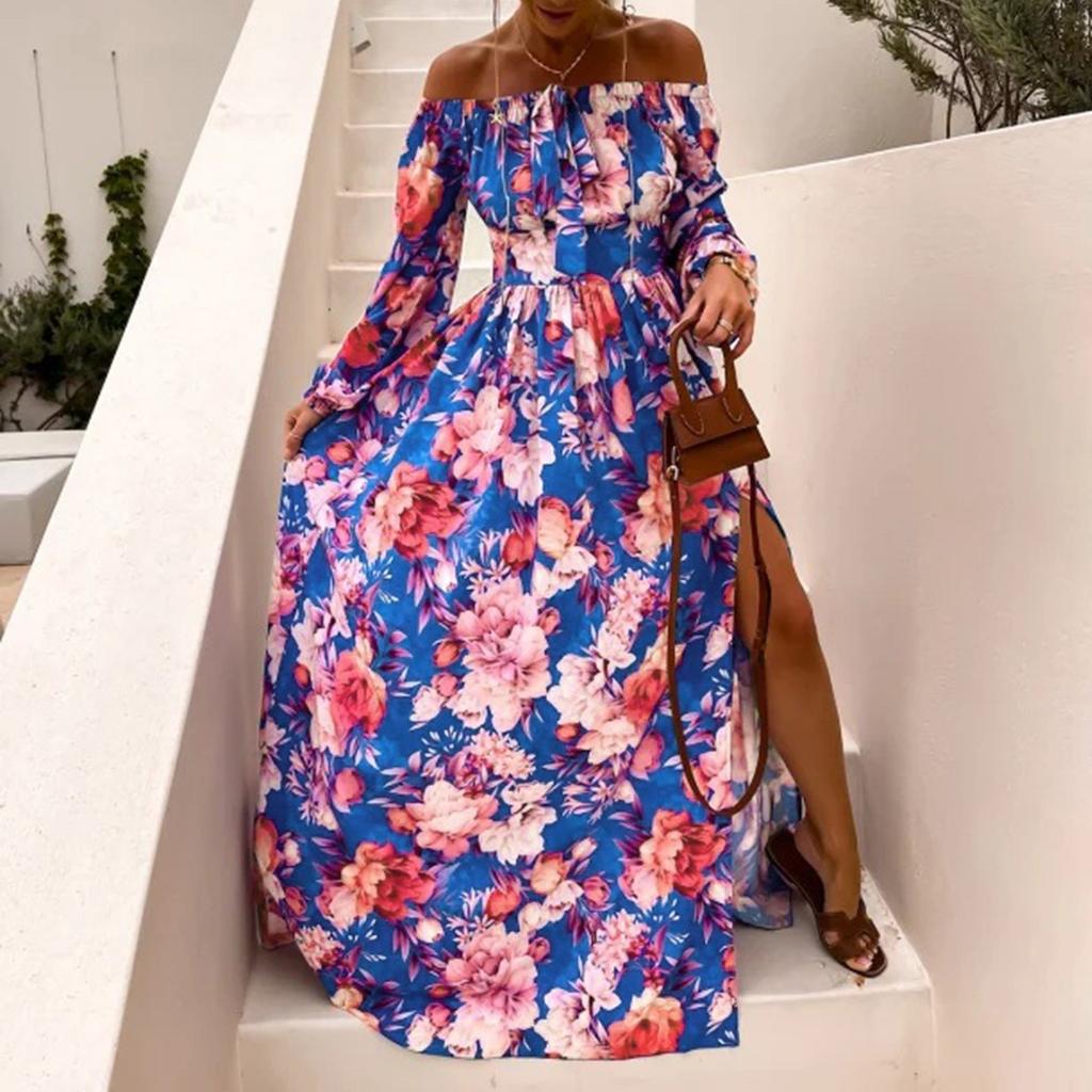 Women's Casual Sexy Flat Neck Pullover Long Sleeve Printed Slit Dress