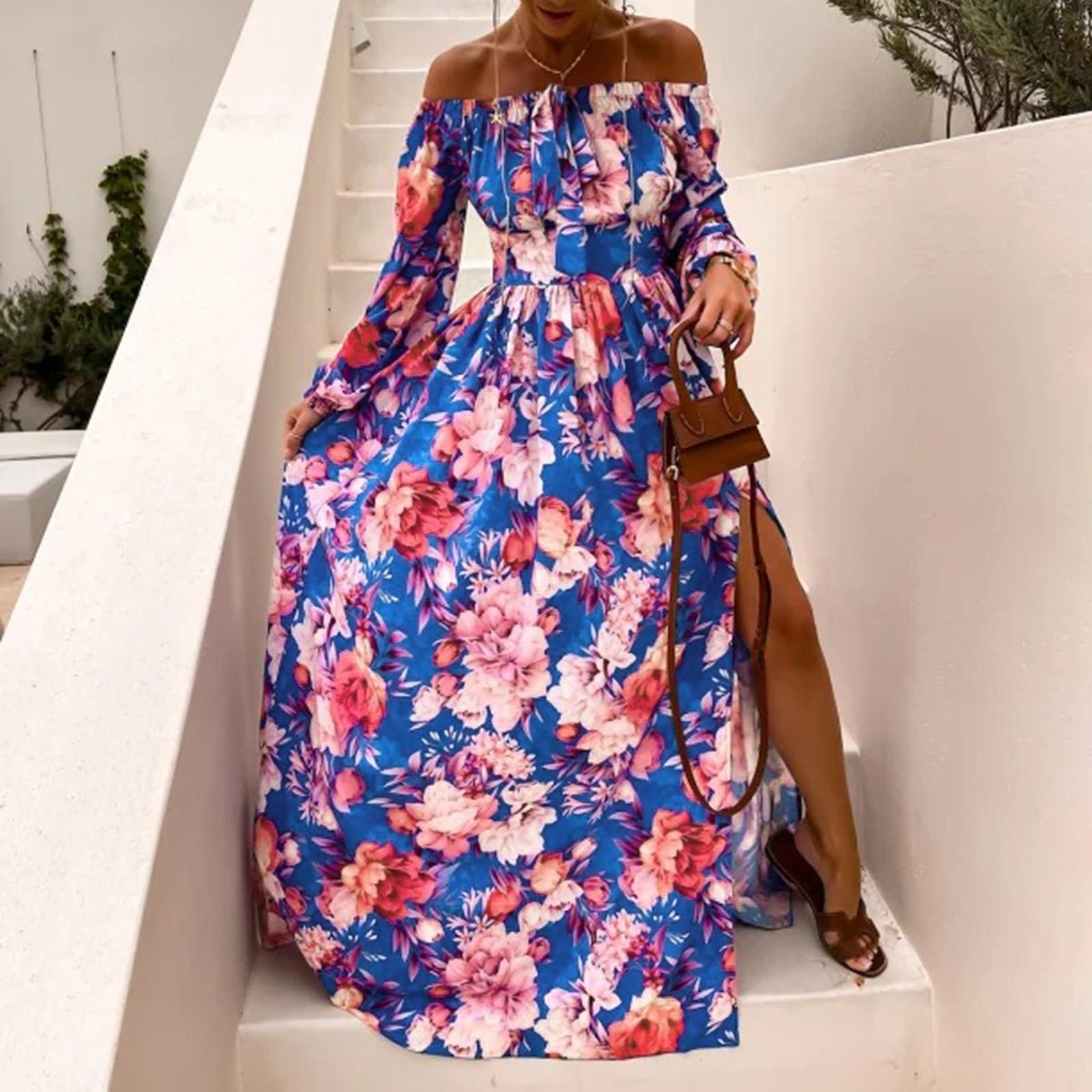 

Женское повседневное сексуальное платье-пуловер с плоским вырезом, длинными рукавами, принтом и разрезом L синий