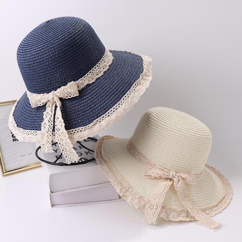 Solid Color Straw Hat for Women Fashion Lace Bow Wide Brim Travel Beach Sunshade Fisherman Cap Girls Outdoor Dome Basin Hat
