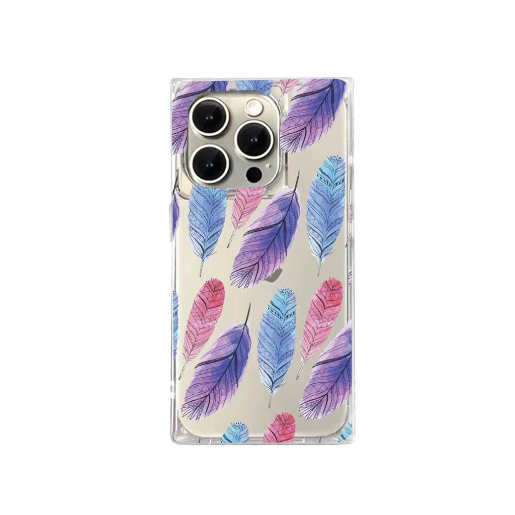 Square Back Tube Protection Clear Case For iPhone 11 14 Pro Max 16 ProMax 15 Plus 12 13 Anti-Oxygen,Full Screen Feathers Pattern Casing