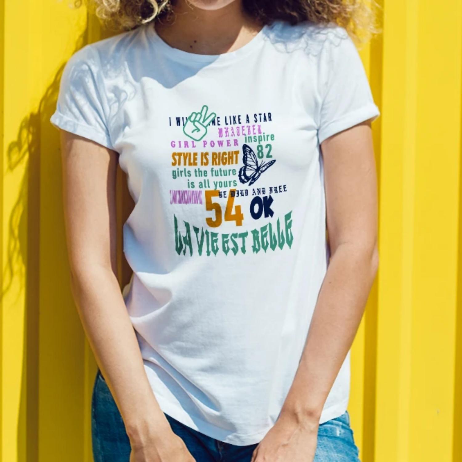 Women s round neck butterfly print T-shirt, casual and fashionable, spring and summer  women s T-shirt, showing youthful vitality S