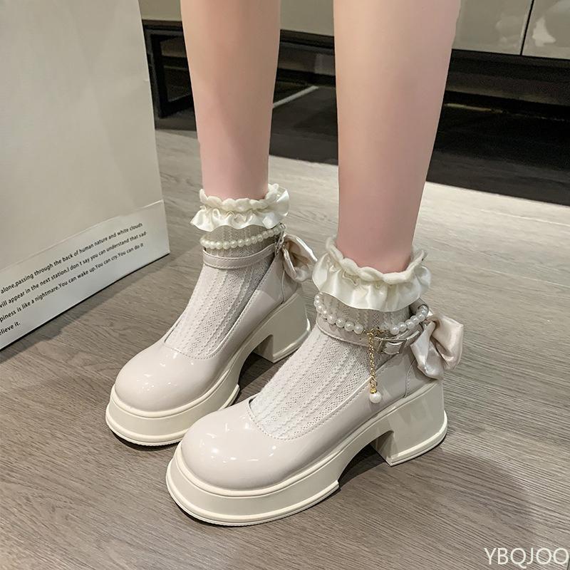 Fashion Spring summer round headed pearl bow thick sole single shoe casual simple comfortable versatile women's shoes for wear