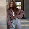 Women's Point Collar Long Sleeve Plaid Shirt Loose Fit Streetwear Blouse With Chest Pocket Spring Casual Oversized Tunic Shirt
