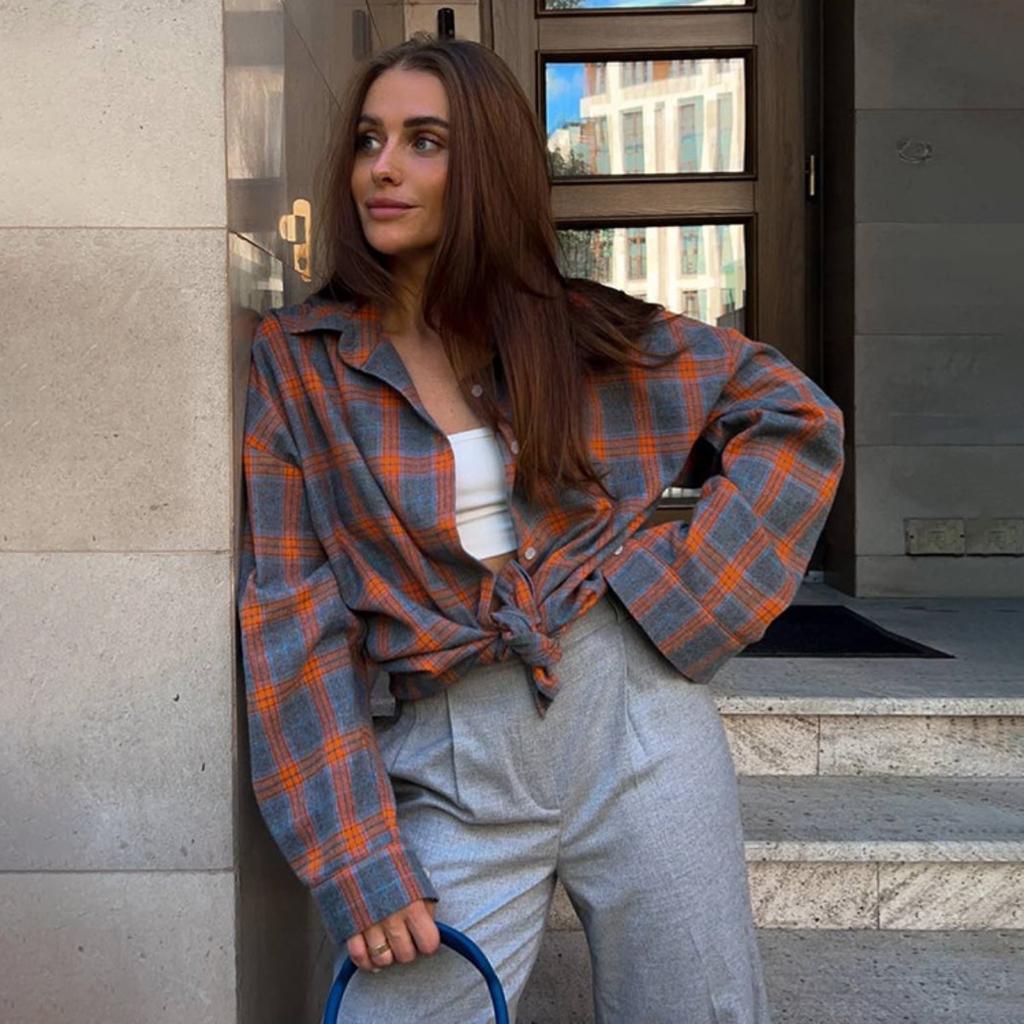 Women's Point Collar Long Sleeve Plaid Shirt Loose Fit Streetwear Blouse With Chest Pocket Spring Casual Oversized Tunic Shirt