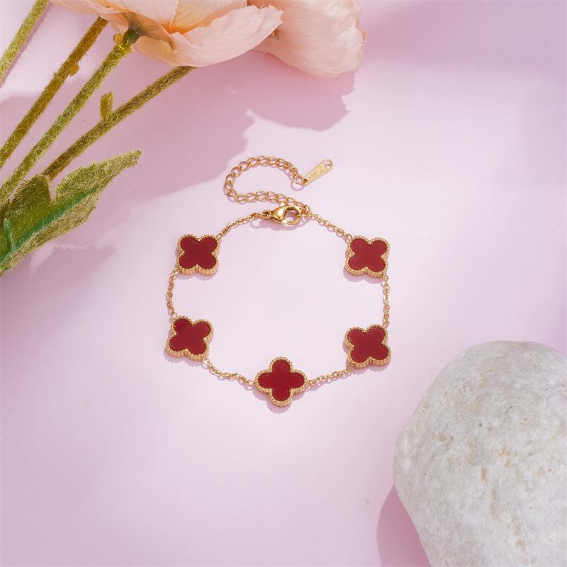 Pulseira de Trevo de Quatro Folhas da Sorte Dupla Face em Ouro 18k com Madrepérola