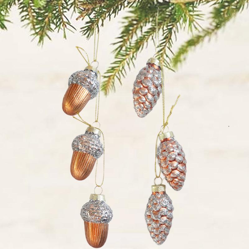 1Set Small Christmas Tree Ornament Glass Pinecones Acorns Christmas Pendant Glass Ornament 2024 Decoration Home Party New Year