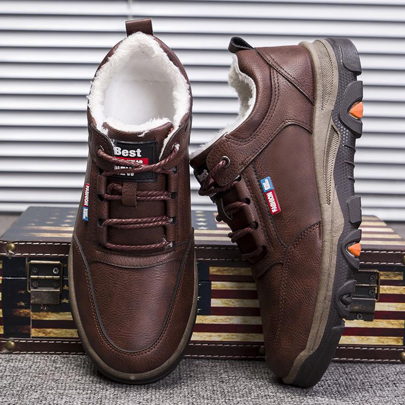 Men's Winter Velvet-Lined Leather Snow Boots - Warm, Thick-Soled, Casual Outdoor Sports Shoes