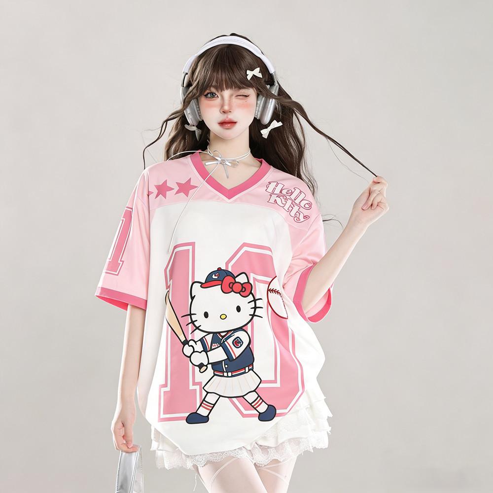 Fashionable women s casual cat printed short sleeved loose T-shirt women s printed sports T-shirt XXS