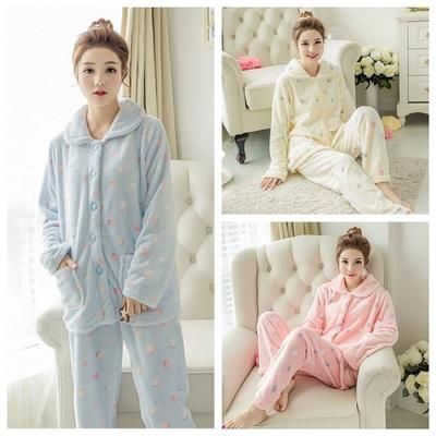 2022 Point Printing Lady Women Coral Fleece Pyjamas Nightwear Sleep Pajamas Long Sleeve Cardigan