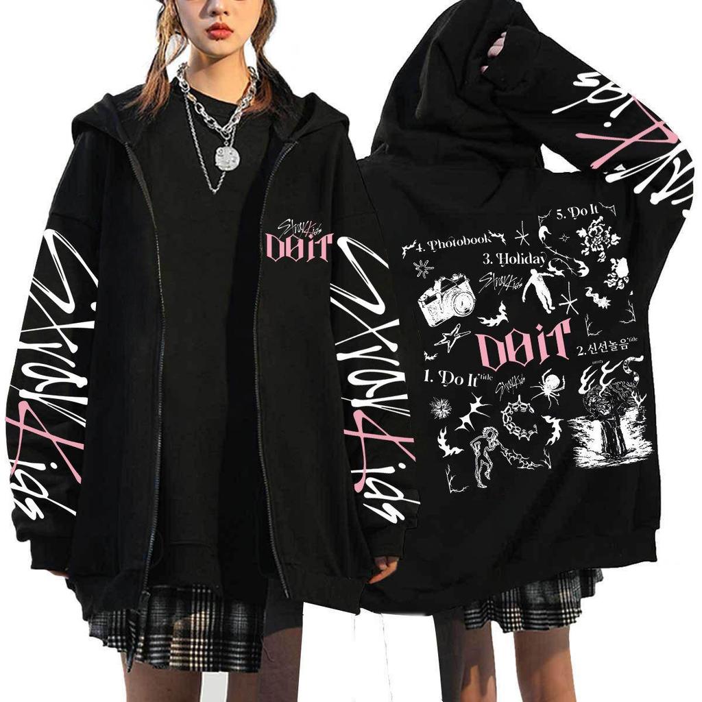 Sudadera con capucha estampada suelta con cremallera Harajuku de Stray Kids En stock