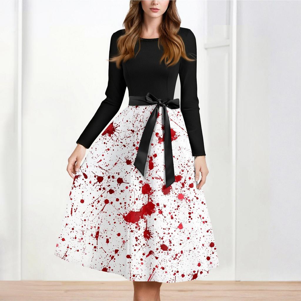 Women's Casual And Fashionable Long Sleeved R-neck Snowflake Print Dress