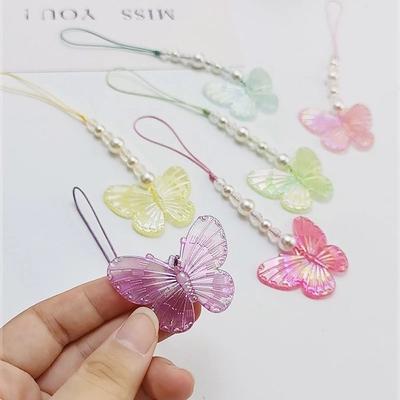 Beads Phone Chain Luminous Butterfly Pendant Hand Strap Mobile Phone Straps Wrist Hand Lanyard