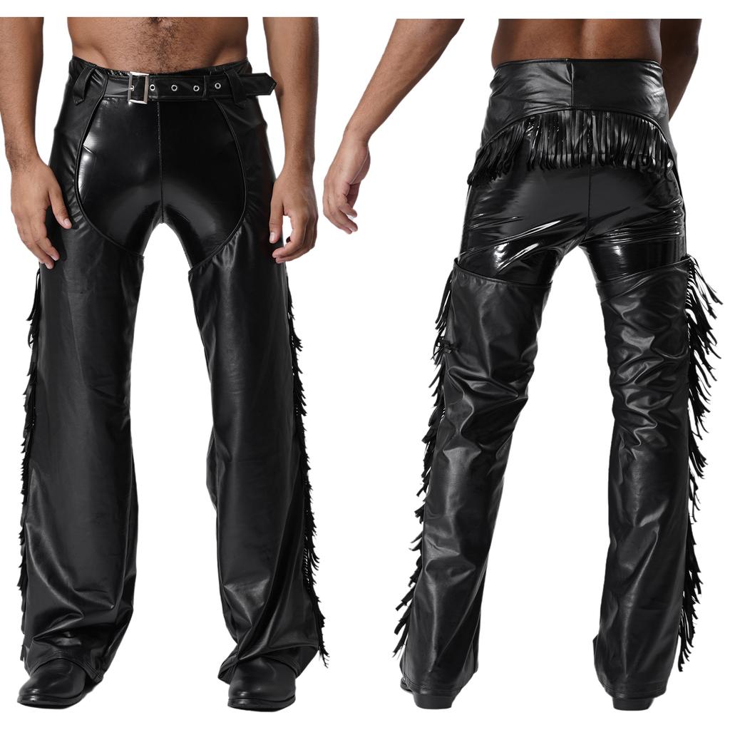 Pantaloni da Cowboy Occidentali da Uomo in Ecopelle con Frange, Lati Tagliati, Zip, Frange