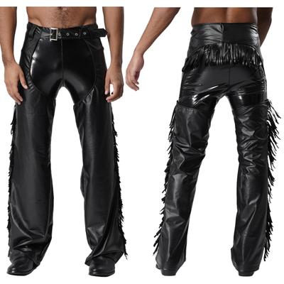 Mens Motorcycle Show Chaps Faux Leather Fringe Cutout Side Zipper Tassel Pants