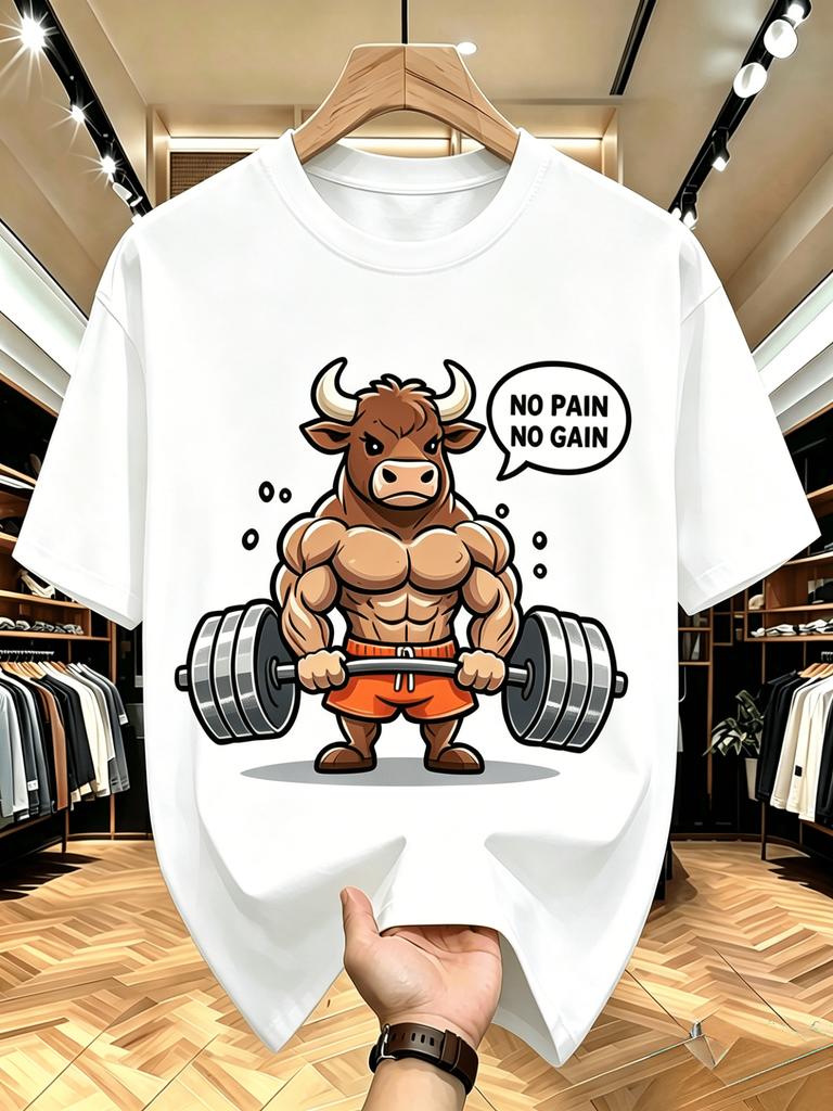 Unisex O Neck Tee Fitness Bull Slogan Graphic Print Cotton Short Sleeve Loose Summer Breathable Daily Casual Basic Wear Top