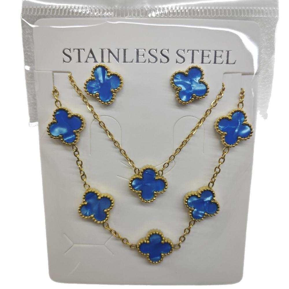 Set Nou de Bijuterii din Oțel Titanic – Colier, Cercei Trifoi cu Patru Frunze și Brățară cu Cinci Flori – Un Set de Bijuterii de Nișă High-end