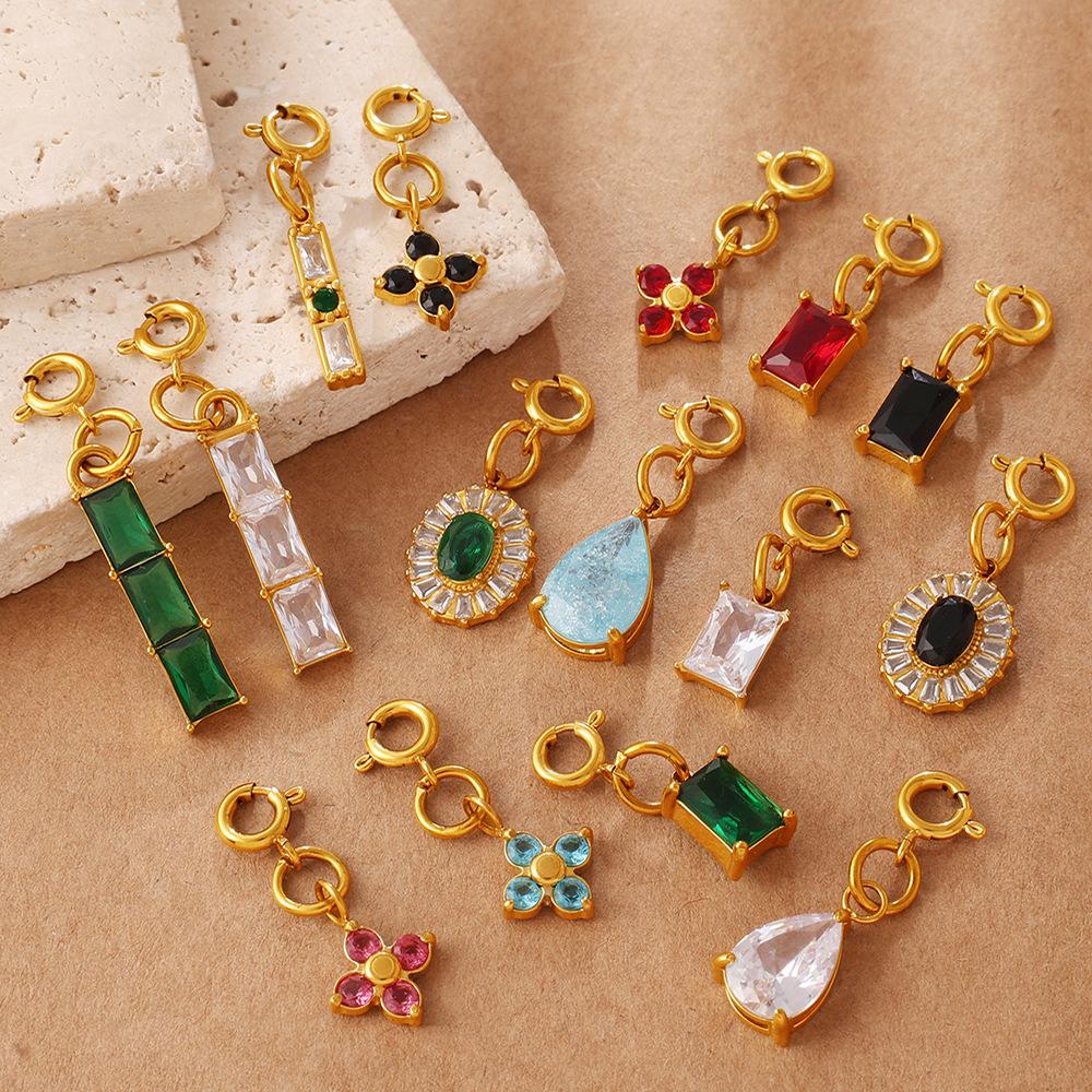 Light Luxury Geometric Square Color Zircon Jewelry Clasp Pendant, 18K Gold Plated Stainless Steel DIY Charm
