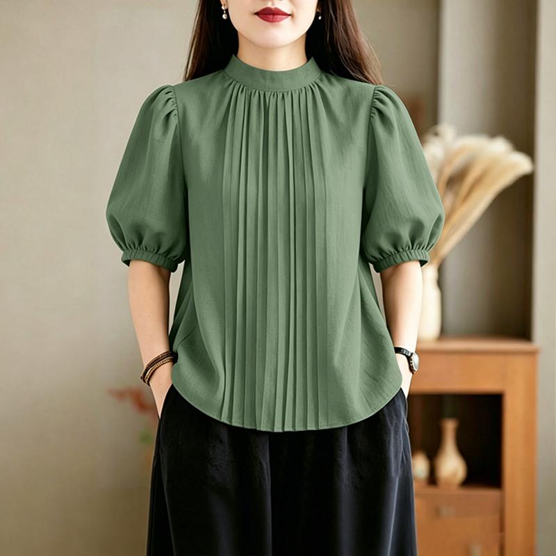 ZANZEA Women Stand Collar Solid Color Loose Casual Half Sleeve Blouse